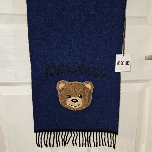 Moschino Teddy Bear-Embroidered Wool Scarf - Blue (Unisex) - Picture 2 of 6
